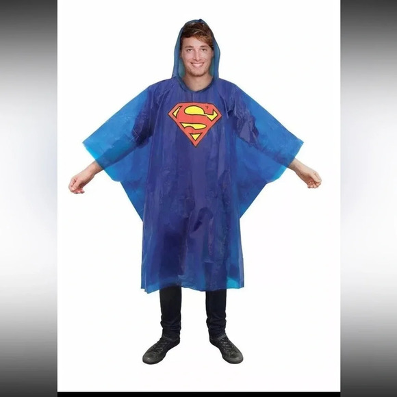 Superman Logo Rain Coat Poncho Unisex Adult Pullover Raincoat Hood Blue Marvel - Picture 1 of 3